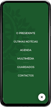 Imagem do menu da APP da Presidência, com os itens: O Presidente, Últimas notícias, Agenda, Multimédia, Guardados, Contactos