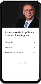 Imagem da página de biografia na APP da Presidência, com fotografia do Presidente,  e as opções biografia, funções e símbolos nacionais