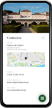 Imagem da página de Contactos da APP, com fotografia do Palácio de Belém, e dados de contacto